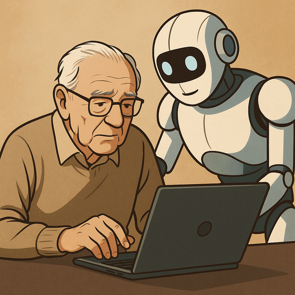 A robot helping an old man with his computer.