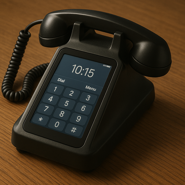 An old black rotary dial phone with a touch screen.
